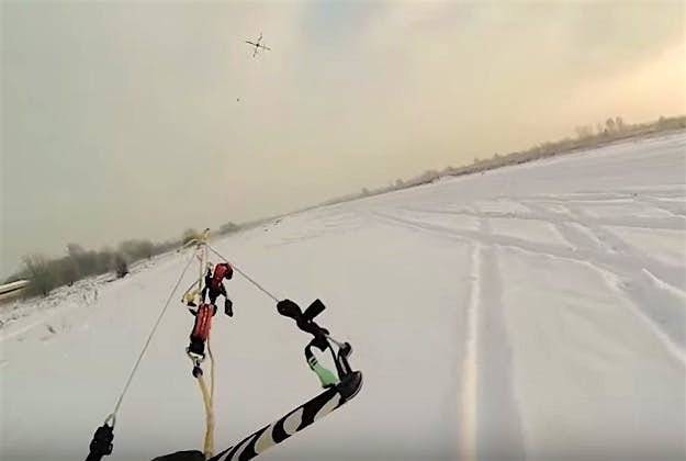 Travel News - drone boarding 2# Kaspars Balamovskis being pulled along by the drone. Image by Screengrab via YouTube
