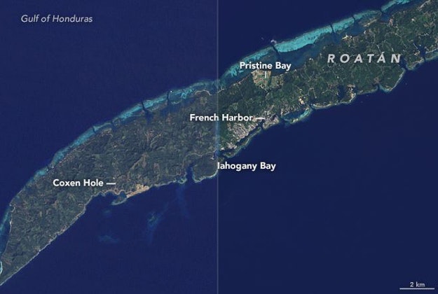 NASA satellite images show changed from tourism on Honduran island. 