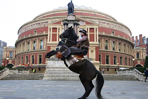 Travel News - pic 3 Ollie Bass and his horse Rocky pose on the steps of the Royal Albert Hall