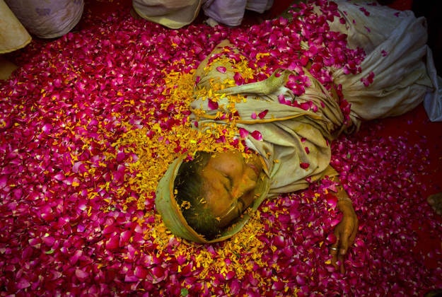 An Indian Hindu widow lies on a bed of flower petals during Holi celebrations at the Gopinath temple, 180 kilometres (112 miles) south-east of New Delhi, India Monday, March 21, 2016. A few years ago this joyful celebration was forbidden for Hindu widows. Like hundreds of thousands of observant Hindu women they would have been expected to live out their days in quiet worship, dressed only in white, their very presence being considered inauspicious for all religious festivities.