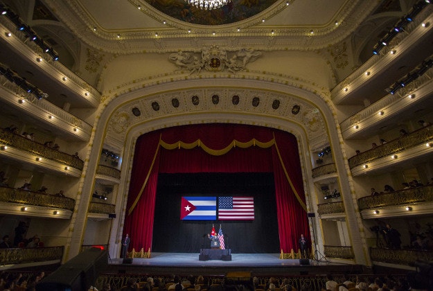 U.S. President Barack Obama waves to the crowd before he delivers his speech at the Grand Theater of Havana, Tuesday, March 22, 2016. Obama who is in Cuba in a trailblazing trip said he came to Cuba to "bury the last remnant of the Cold War in the Americas.
