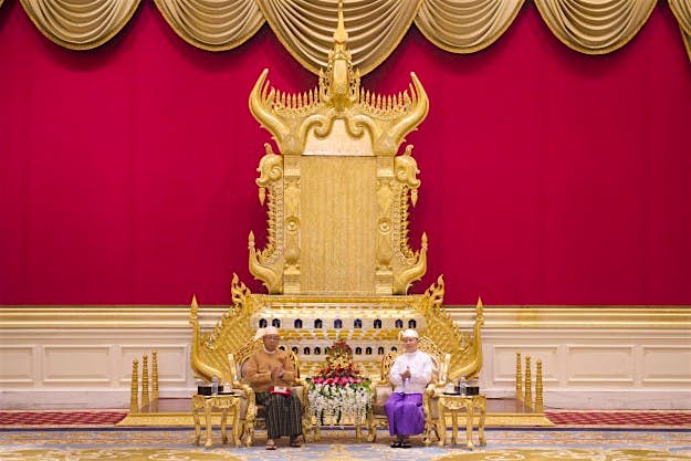 Travel News - Htin Kyaw, Thein Sein New Myanmar President Htin Kyaw, left, receives the presidential sash from outgoing president Thein Sein during a handover ceremony at the presidential palace in Naypyidaw on Wednesday, March 30, 2016. Htin Kyaw, a trusted friend of Nobel laureate Suu Kyi, took over as Myanmar's president Wednesday, taking a momentous step in the country's long-drawn transition toward democracy after more than a half-century of direct and indirect military rule.