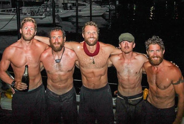 Team Essence members (left to right) Oliver Bailey, Jason Fox, Mathew Bennett, Ross Johnson and Aldo Kane celebrating after they arrived in Trinidad.