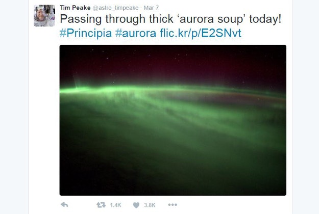 Tim Peake Tweeted an image of the Northern Lights from space. 