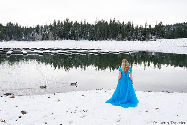 Christy Woodrow is travelling around the world with a ‘Cinderella dress’ as part of a photo series. 