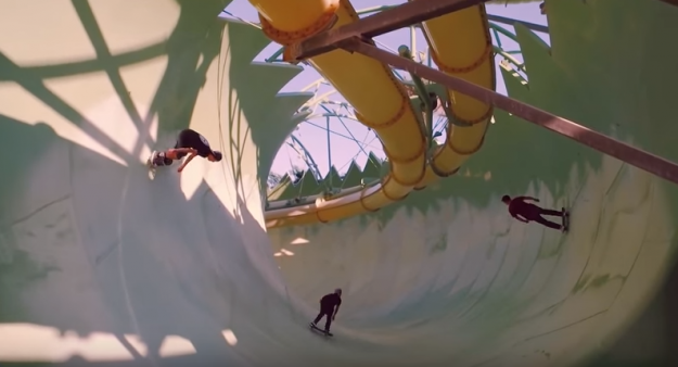 The trio of Red Bull skaters hit the water slides. Image by Screengrab via Youtube