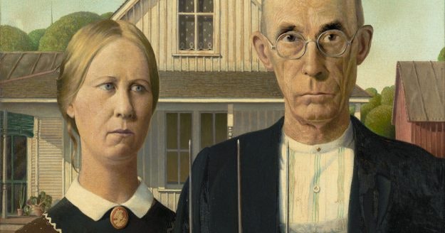 Grant Wood’s sister Nan was the model for the female while a dentist posed as the man with the pitchfork.