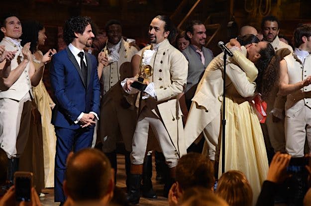 Travel News - The 58th GRAMMY Awards - "Hamilton" GRAMMY Performance Music director Alex Lacamoire and actor, composer Lin-Manuel Miranda celebrate on stage