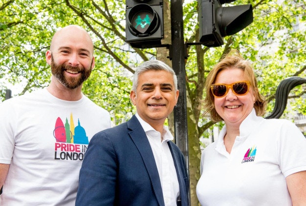 New lights: Mayor of London Sadiq Khan joins Michael Salter-Church and Alison Camps from Pride in London Transport for London
