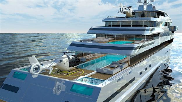 Travel News - 110M_HALYCON_02 Plans include helicopter landing pads and multi deck swimming pools.