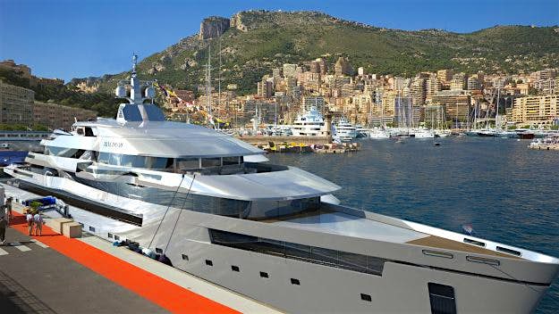 Travel News - Alfa Four with Monaco in the background An artist rendering of the superyacht with Monaco in the background.