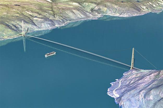 Travel News - suspen A suspension bridge across the Sognefjord would be nearly three times the size of the Golden Gate Bridge in San Francisco.