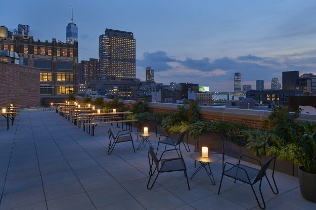 The Arlo rooftop at night. 