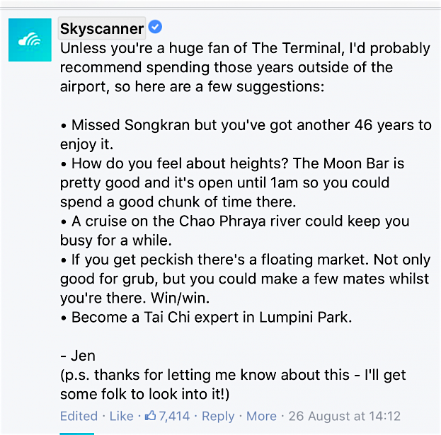 Travel News - IMG_2592 Skyscanners hilarious response to man’s question about a 47 year stopover goes viral. Image: Facebook
