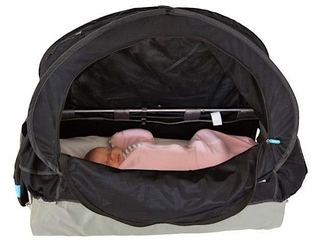 Travel News - Fly Babee is a pop-up sleep cover that easily attaches to airline bassinets and all types of strollers. Image: Fly Babee
