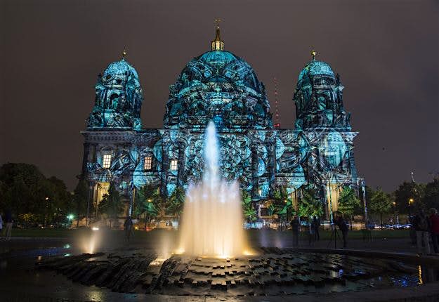 Travel News - GERMANY-ART-FESTIVAL-LANDMARK The facade of the Berlin Cathedral (Berliner Dom) is lit up for the Festival of Lights.