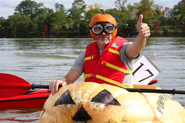 Travel News - pumpkin-head-courtesy-windsor-west-hants-pumpkin-regatta Chip Peterson. The original pumpkin head. He was one of the original pumpkin paddlers who proved that giant pumpkins do float. Chip paddled in 15 consecutive regattas. He took two years off and came back to win this year’s regatta with a time of 8.52 minutes.