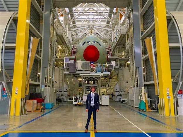 Travel News - airbus-a380-final-assembly-line-factory Alex Macheras at the final assembly line of an Airbus A380. Image: Alex Macheras