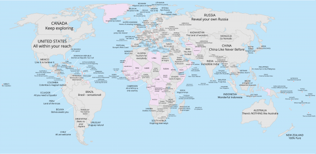 The map charts every known tourism slogan around the world.