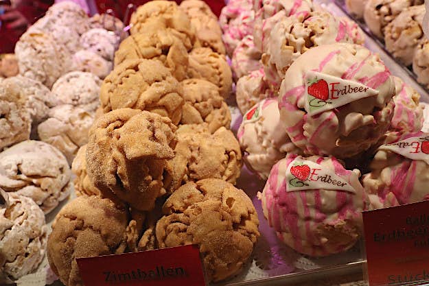 Travel News - <> on November 21, 2016 in Berlin, Germany. Balls of filled dough await visitors at a stall at the annual Christmas market at Alexanderplatz.