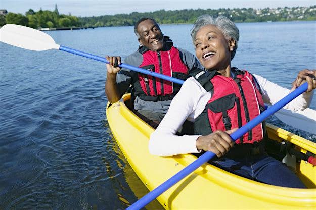 Travel News - Elderly couple sitting together in a kayak on a lake The Thai government has approved long-stay visas of 10 years for foreigners over 50 years old. Image: Andersen Ross