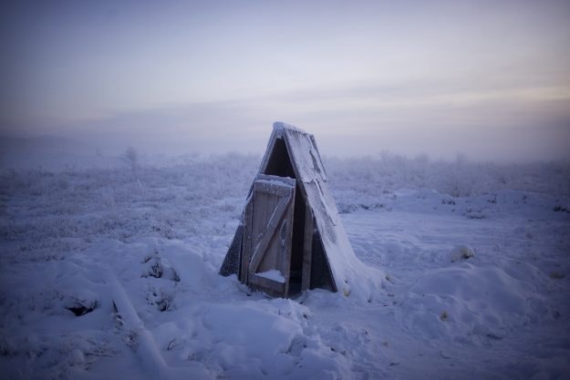 A toilet on the tundra at a petrol stop on the road to Oymyakon.