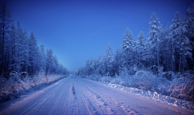 A view of Stalin's "Road of Bones", the route to Oymyakon, on a -50c evening.