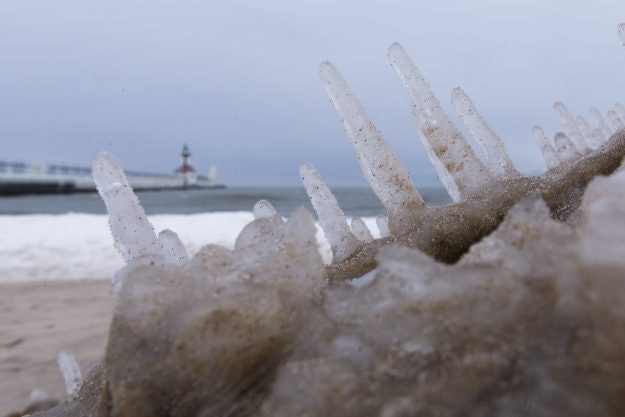 A close-up of ice on the Michigan shoreline.