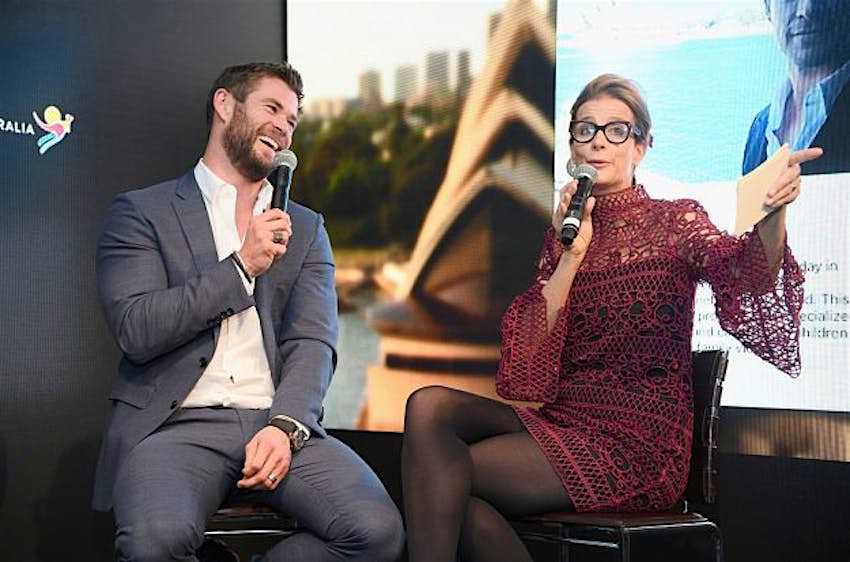 Travel News - A Virtual Tour of Australia in NYC Chris Hemsworth and Rachel Griffiths speak onstage during a Virtual Tour of Australia in NYC. Image: Dimitrios Kambouris/Getty Images
