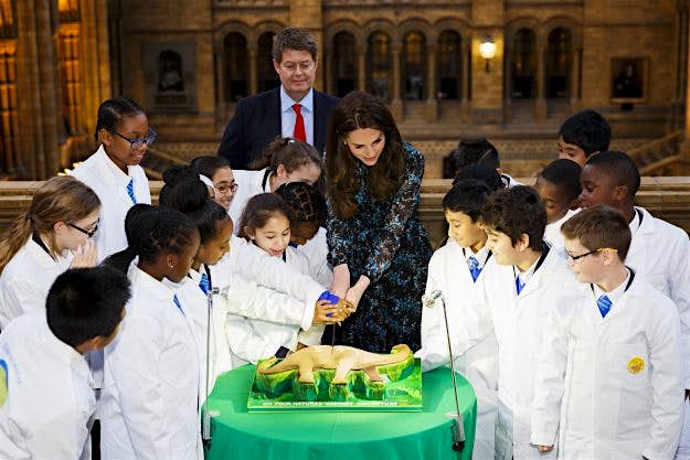 Travel News - nhm-app-box-com-1-1 HRH the Duchess of Cambridge at a tea party to say goodbye to Dippy before the iconic museum dinosaur embarks on a British tour. Image: The Trustees of the Natural History Museum, London