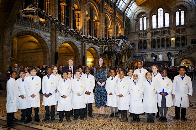 Travel News - nhm-app-box-com-1 HRH the Duchess of Cambridge at a tea party to say goodbye to Dippy before the iconic museum dinosaur embarks on a British tour. Image: The Trustees of the Natural History Museum, London