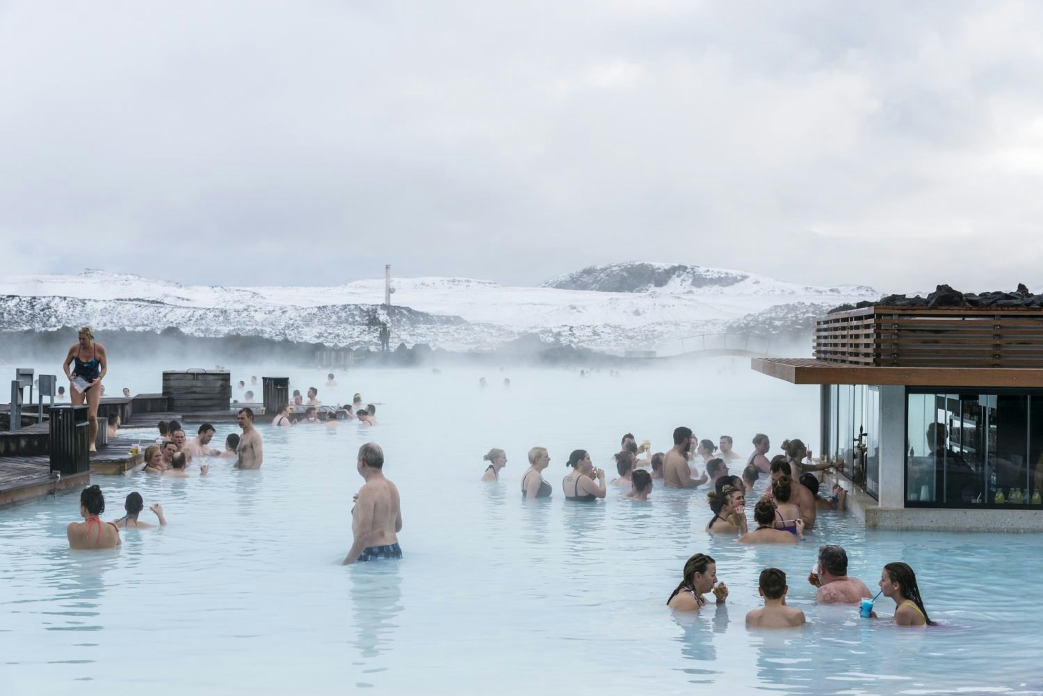 People bathing in a lake in Iceland