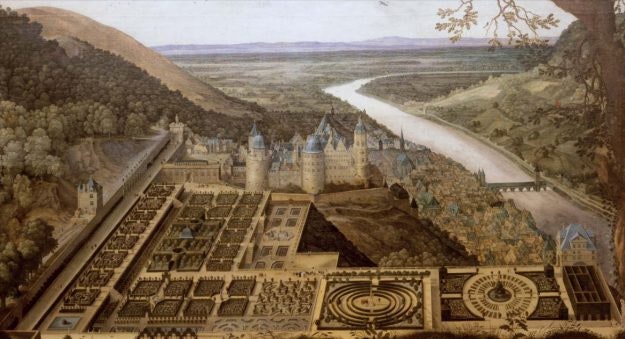 Jacques Fouquier: Schloss Heidelberg, Ansicht von Osten mit der Planung des Hortus Palatinus, 1619, Kurpfälzisches Museum der Stadt Heidelberg.