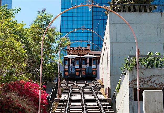 Travel News - GettyImages-564097745 Angels Flight is a landmark funicular railway in the Bunker Hill district of Downtown Los Angeles, California.