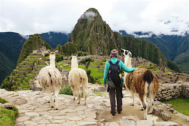 Travel News - GettyImages-591214709 Woman looking at Machu Picchu citadel with three cute llamas. Cuzco region, Peru, South America.