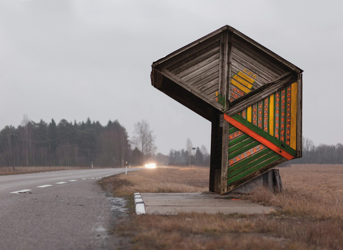 A bus stop on a road in Kootsi, Estonia. 