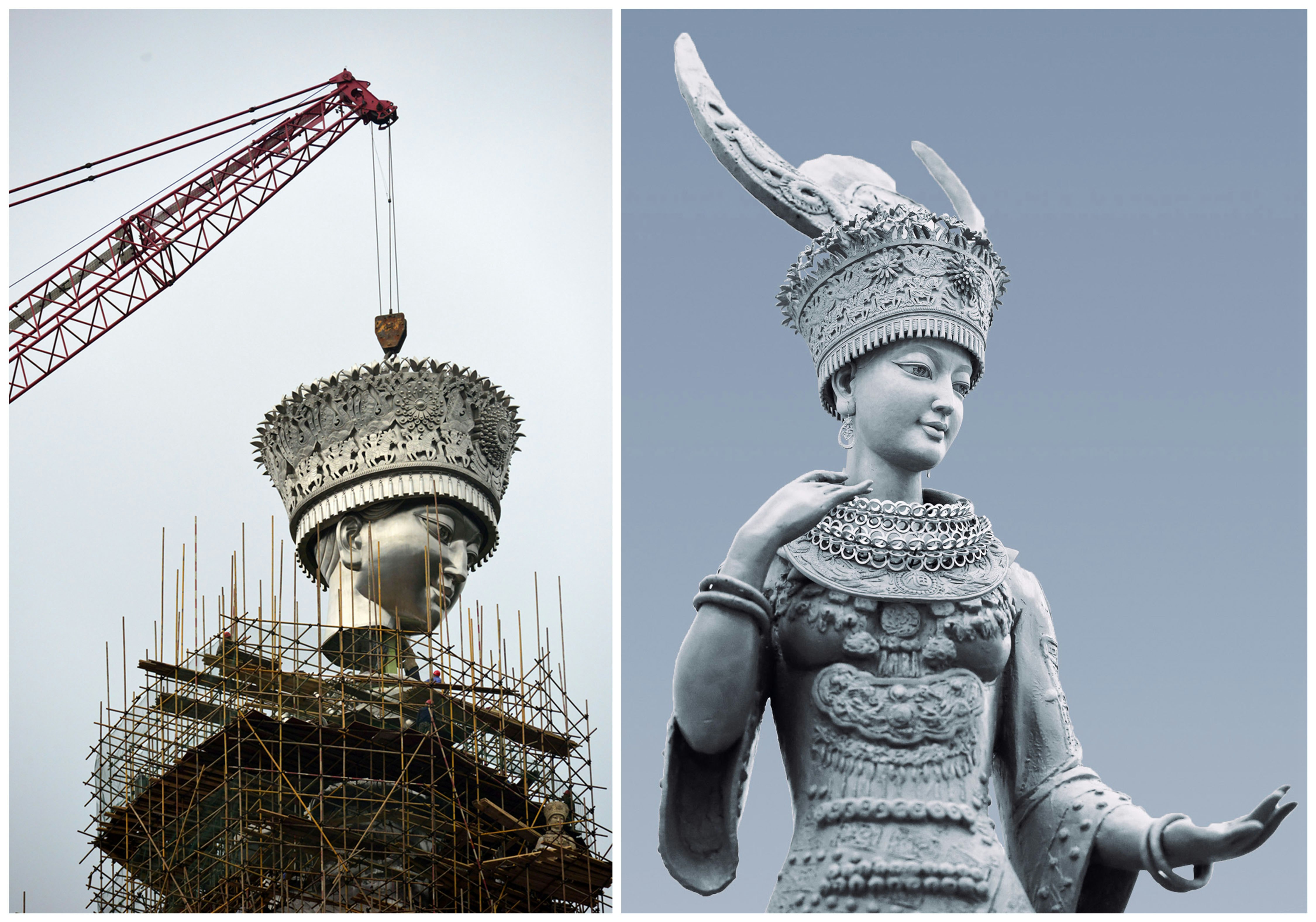 The construction site as it is today and on the right, an artist's rendering of the completed statue.