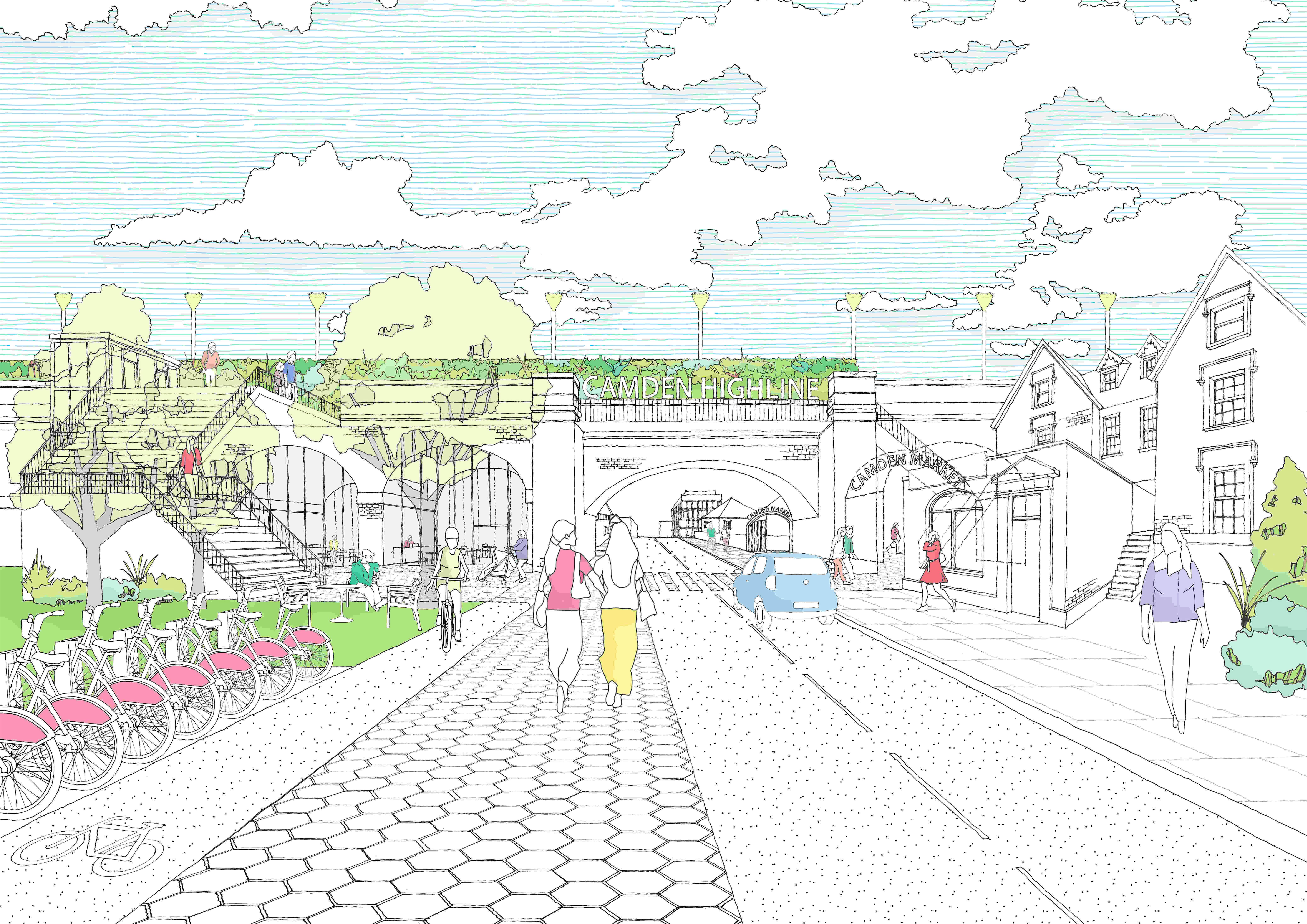 Travel News - An artist's impression of the proposed elevated green space in Camden Drawing of the planned raised greenway in Camden Town