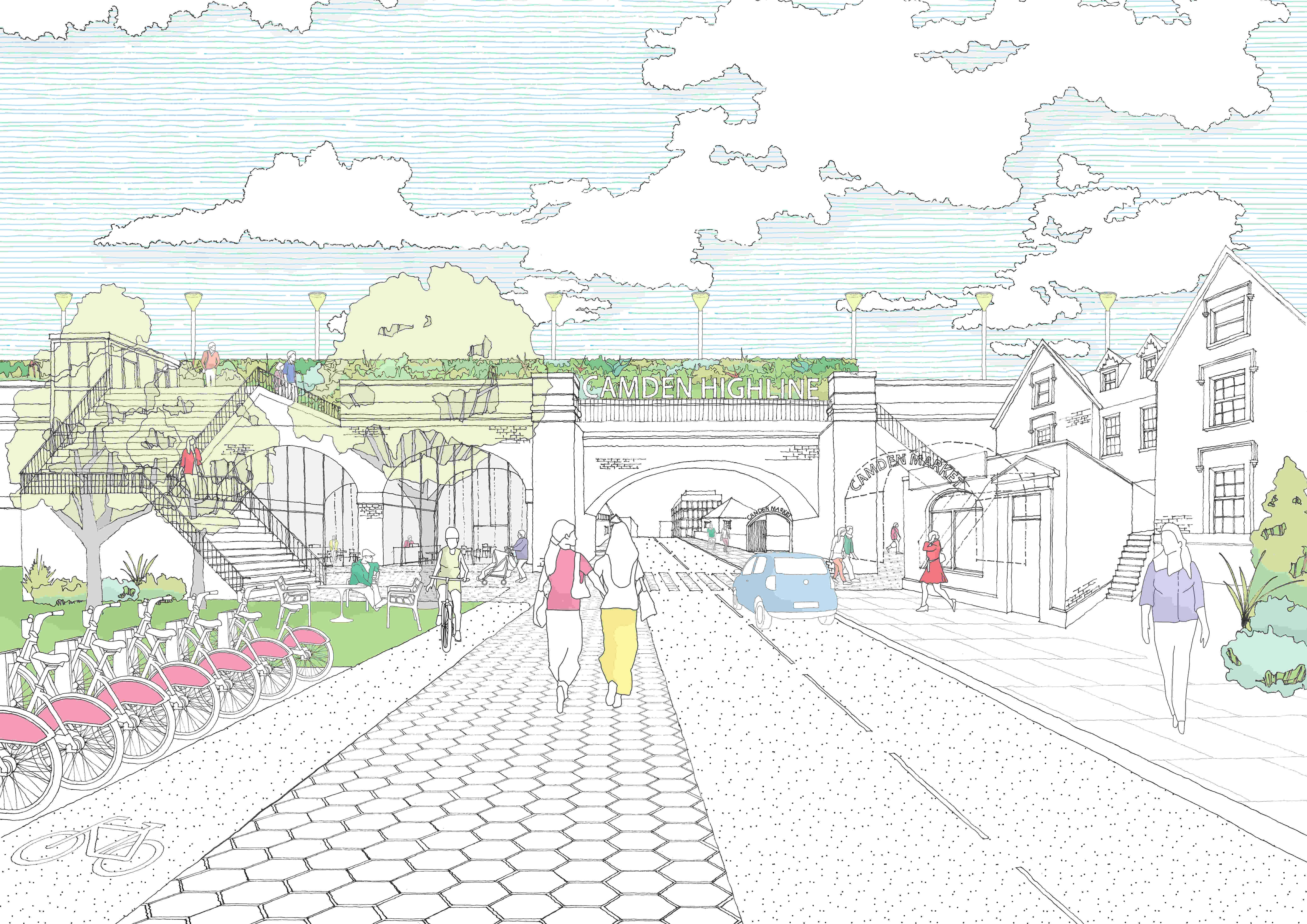 Drawing of the planned raised greenway in Camden Town