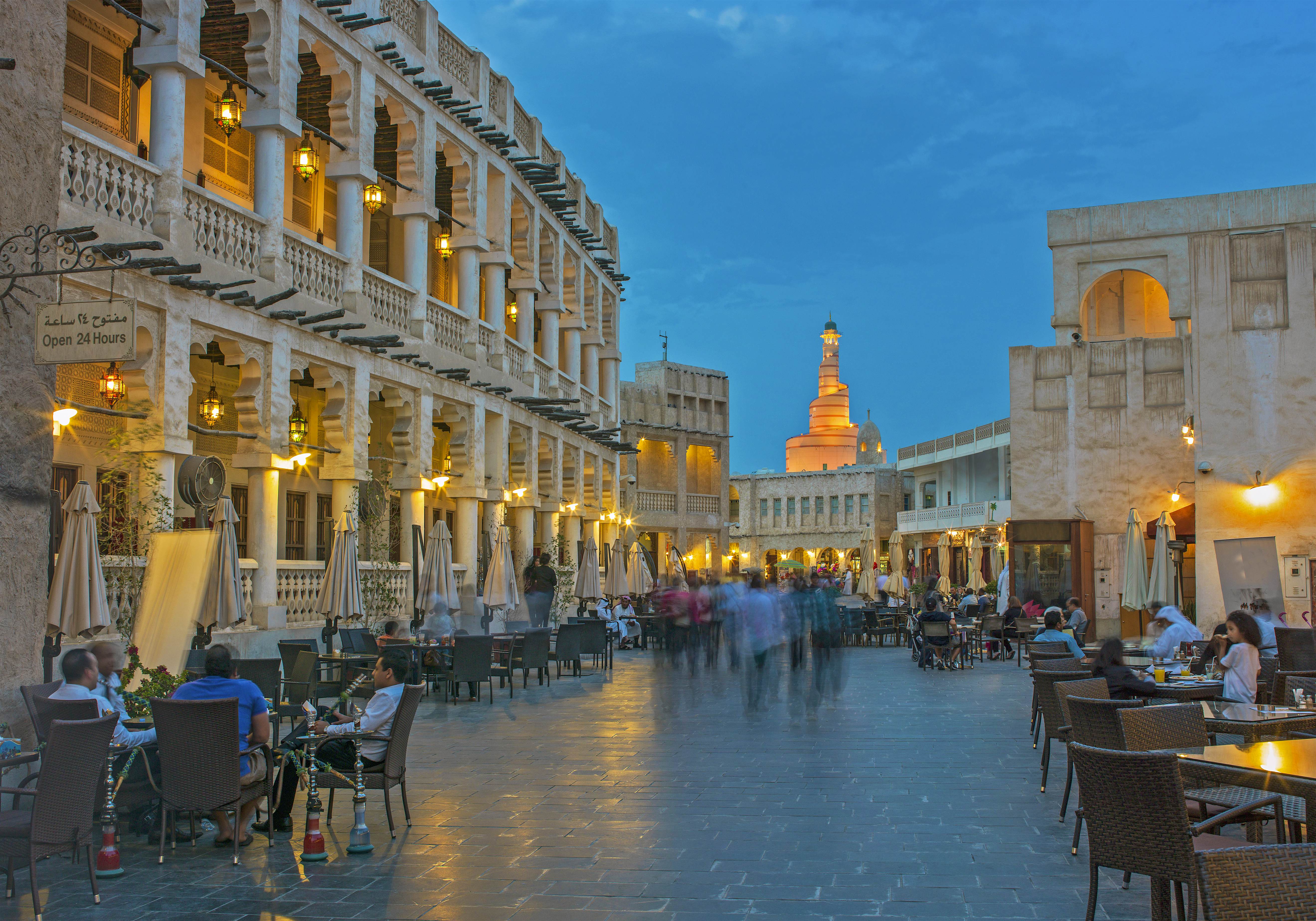 Travel News - Qatar Airways Waqif Souk and Fanar Tower in Doha, Qatar.