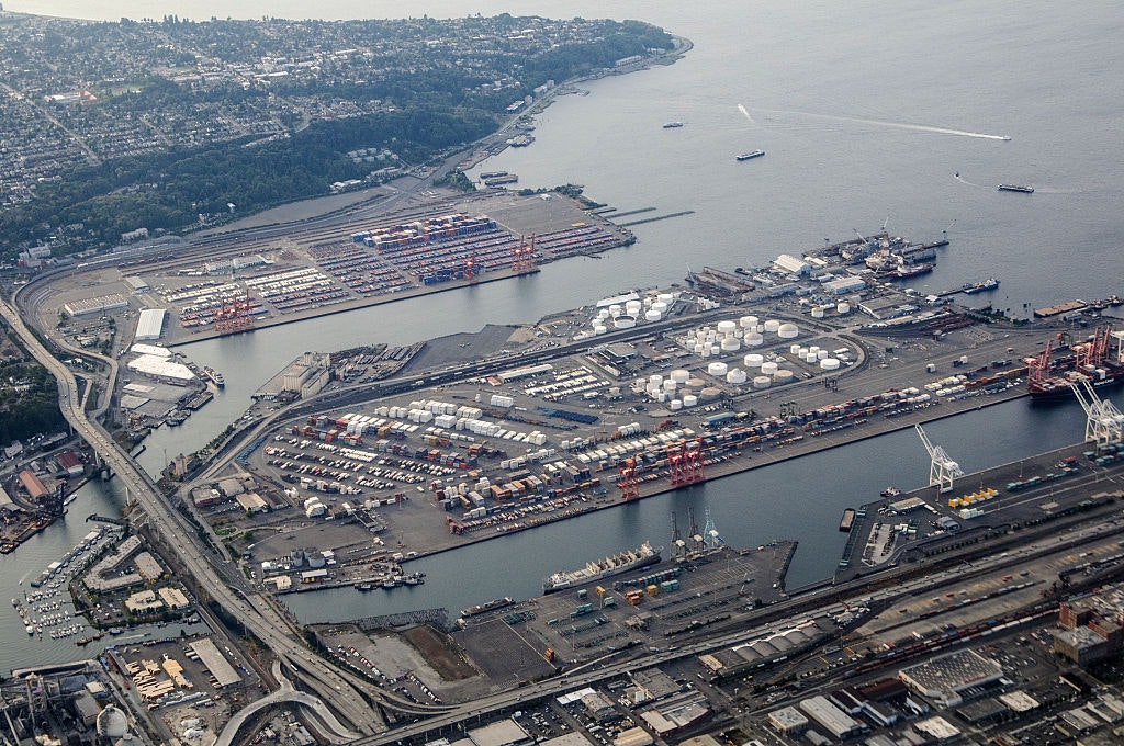 Seattle, Washington. Aerial view of Harbor Island and the Port of Seattle.