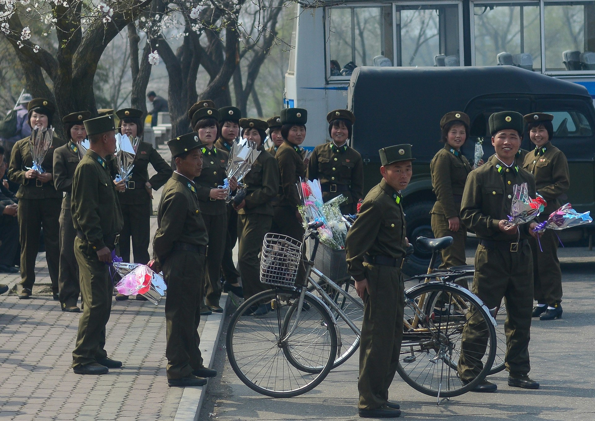 North Korean soldiers react to the camera just outside of Pyongyang. Soldiers generally were quite curious and friendly when noticing foreigners. 