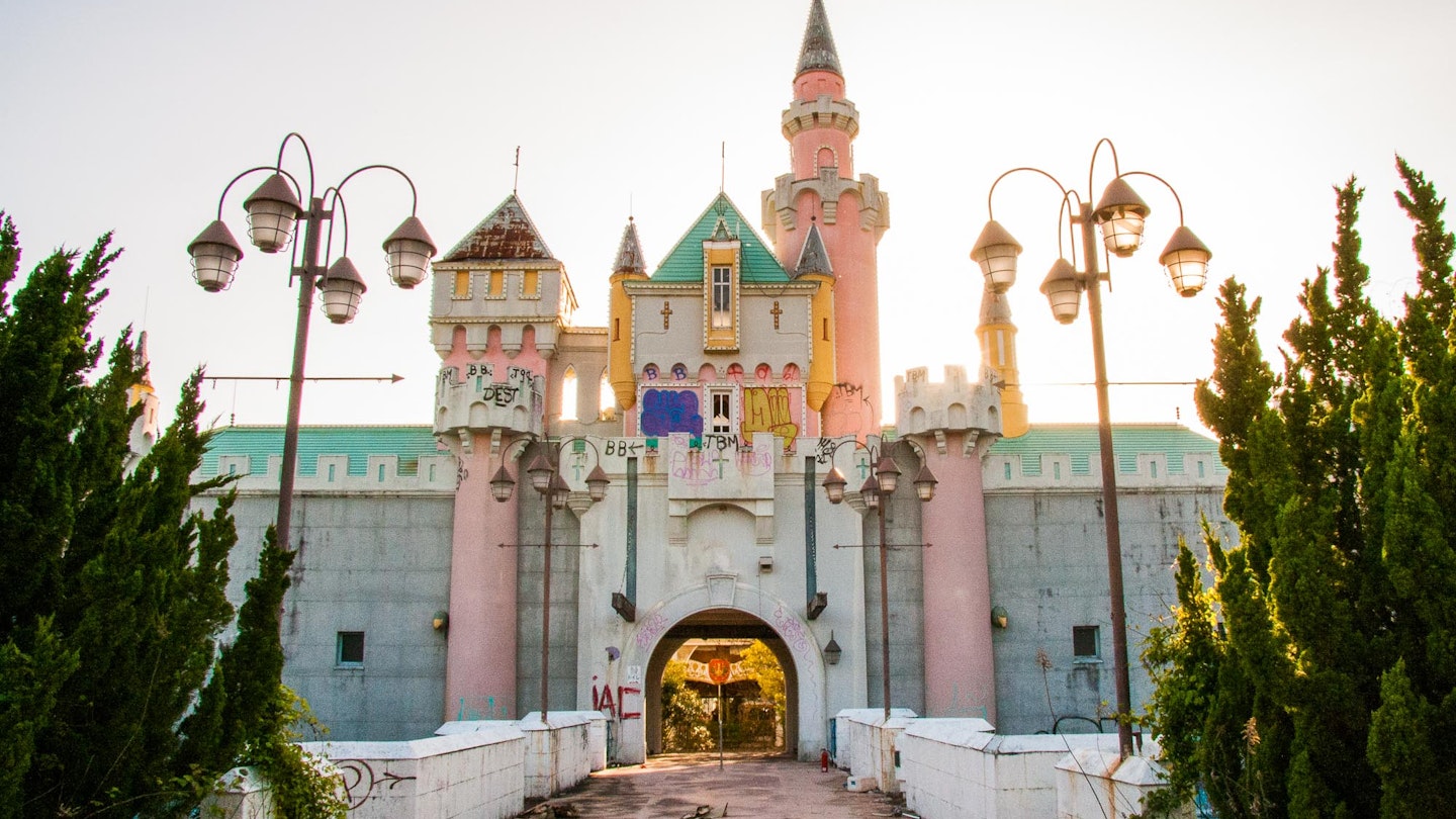 The entrance to haunted looking Nara Dreamland, designed to look like a castle.