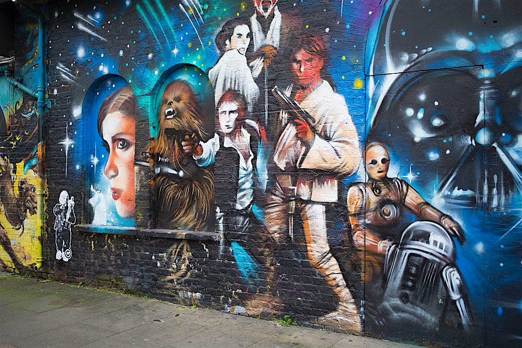 Travel News - UK - London - Brick Lane street scene Star Wars street art on a wall in Shoreditch, London,