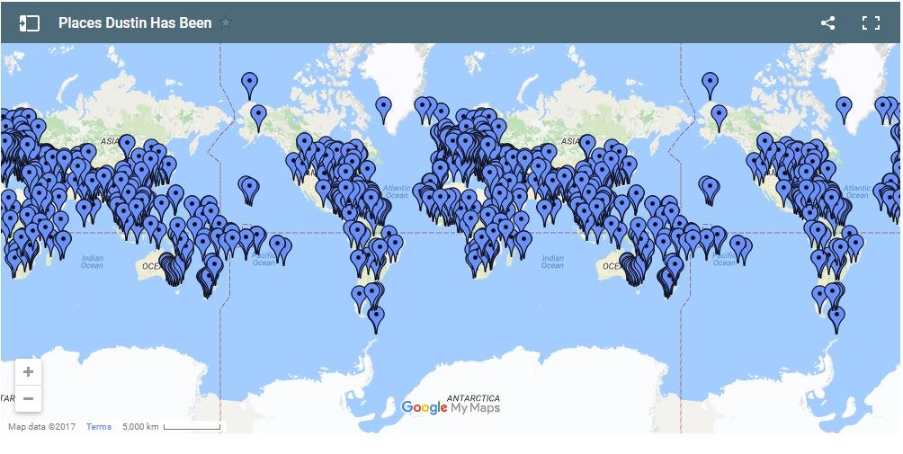 A Google map of every destination around the world Dustin has visited. 