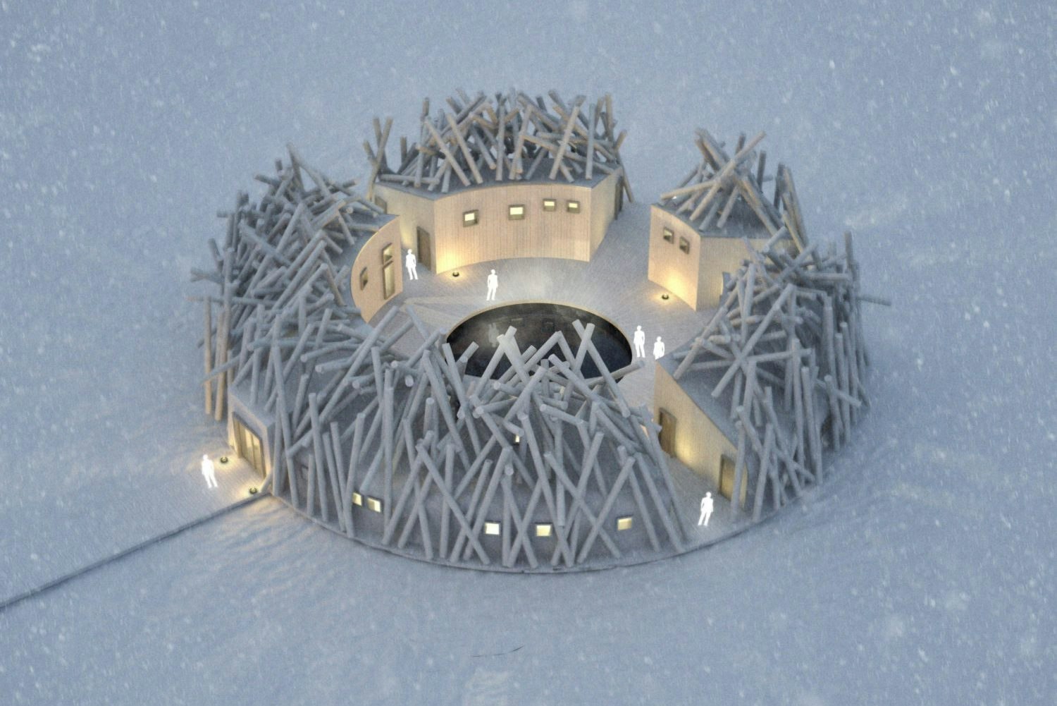 An artist's impression of an aerial view of the Arctic Bath in Sweden; the white, circular complex is frozen into the ice of a river.