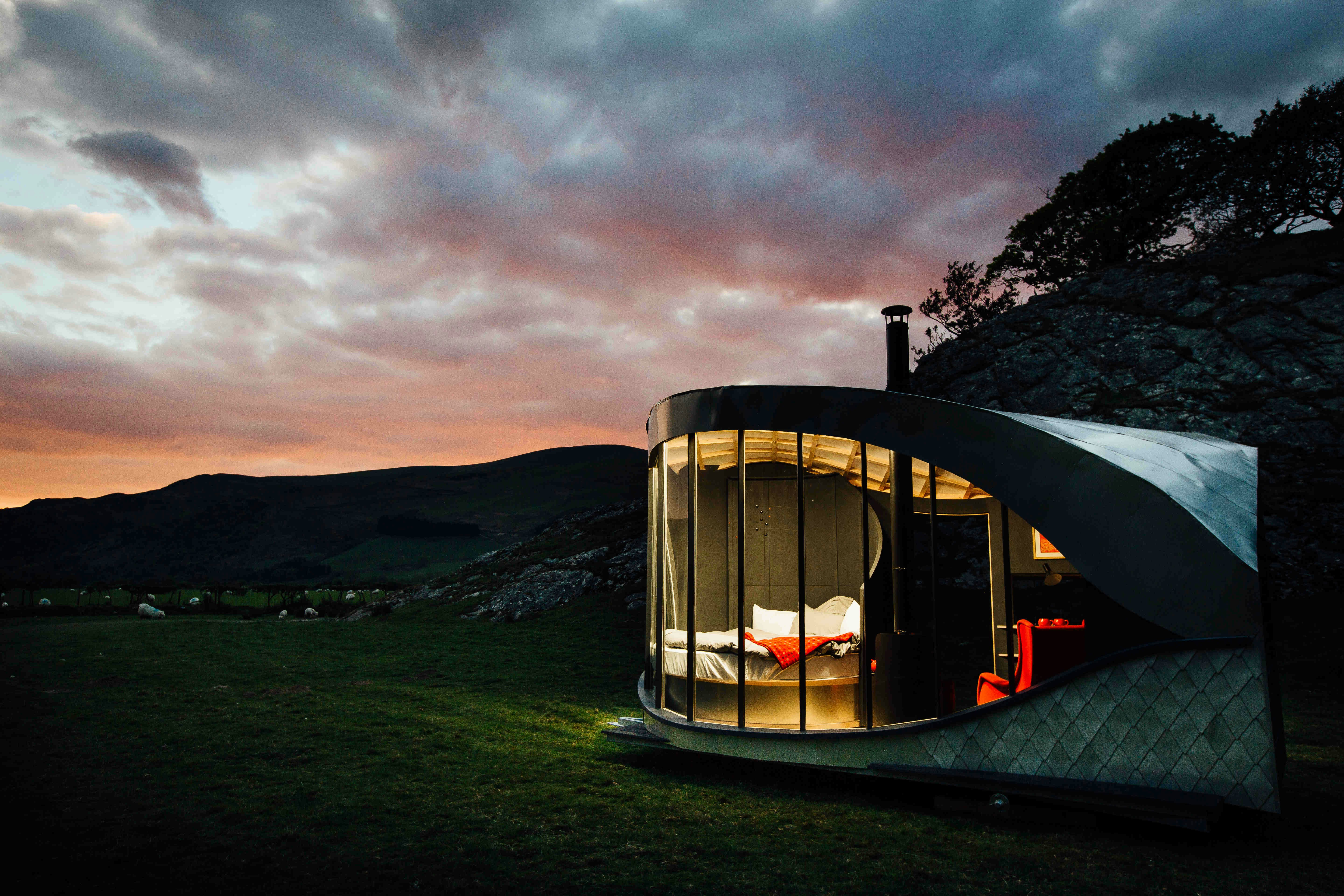 A glamping cabin in the Welsh countryside.