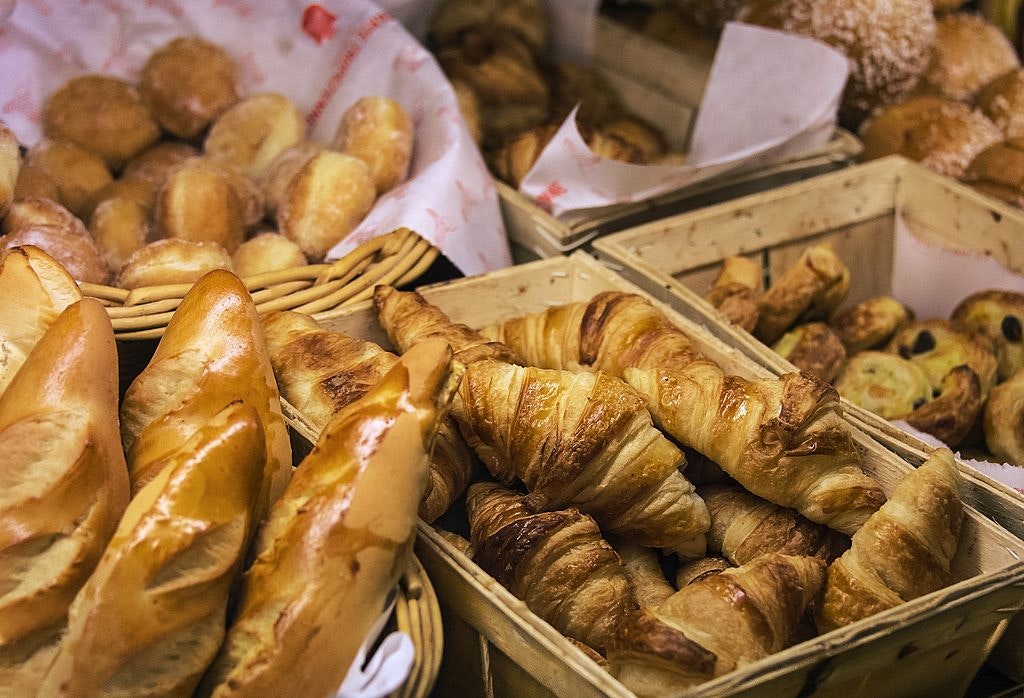 Croissants and bread in a French pastry shop. 