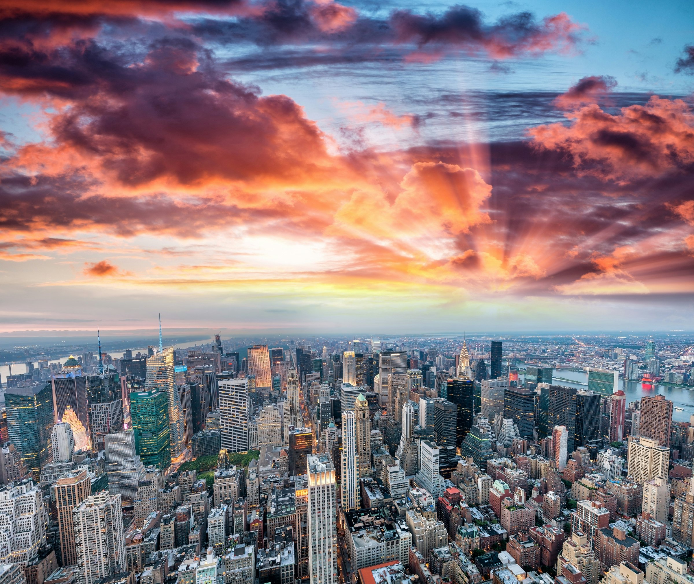 The Manhattan skyline at sunset in New York City.