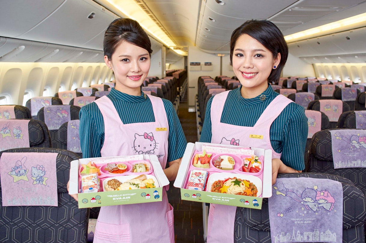 Eva Airline crew don Hello Kitty uniforms.
